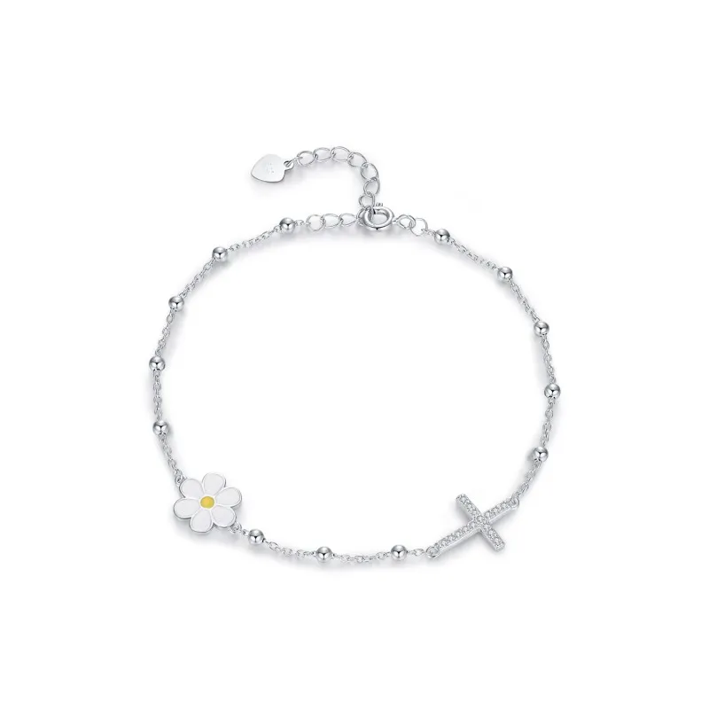 925 Sterling Silver Beaded Daisy and Pave Cross Bracelet 100100197
