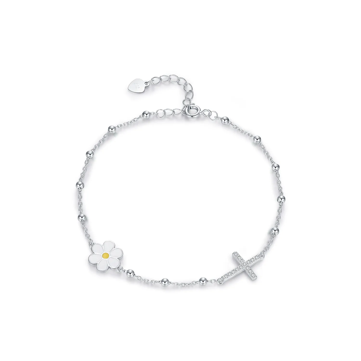 925 Sterling Silver Beaded Daisy and Pave Cross Bracelet 100100197