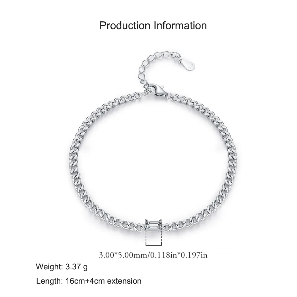 925 Sterling Silver Curb Chain Baguette CZ Bracelet 100100199 - image2