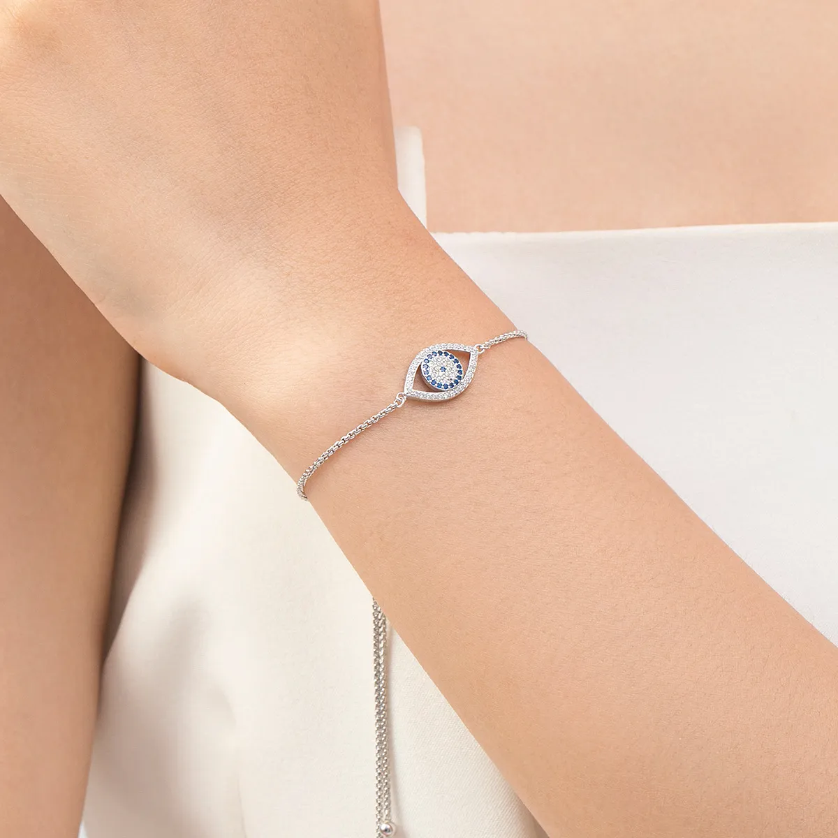 925 Sterling Silver Zirconia Evil Eye Adjustable Bracelet 100100213 - image1