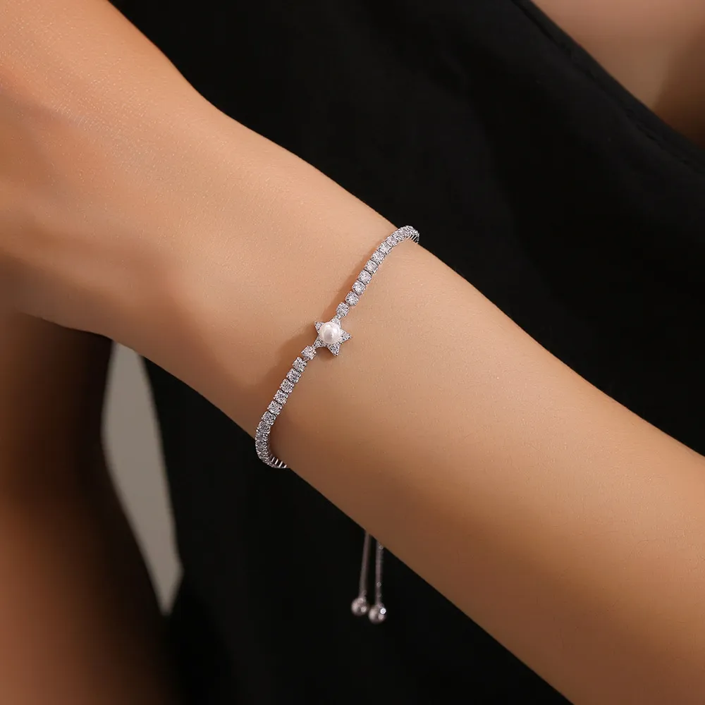 925 Sterling Silver Star Pearl Adjustable Tennis Bracelet 100100224 - image1