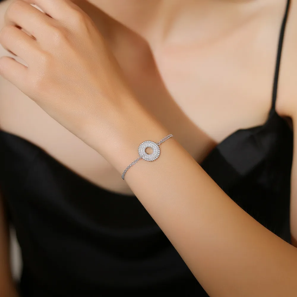 925 Sterling Silver Round Halo Adjustable Zircon Bracelets 100100226 - image1