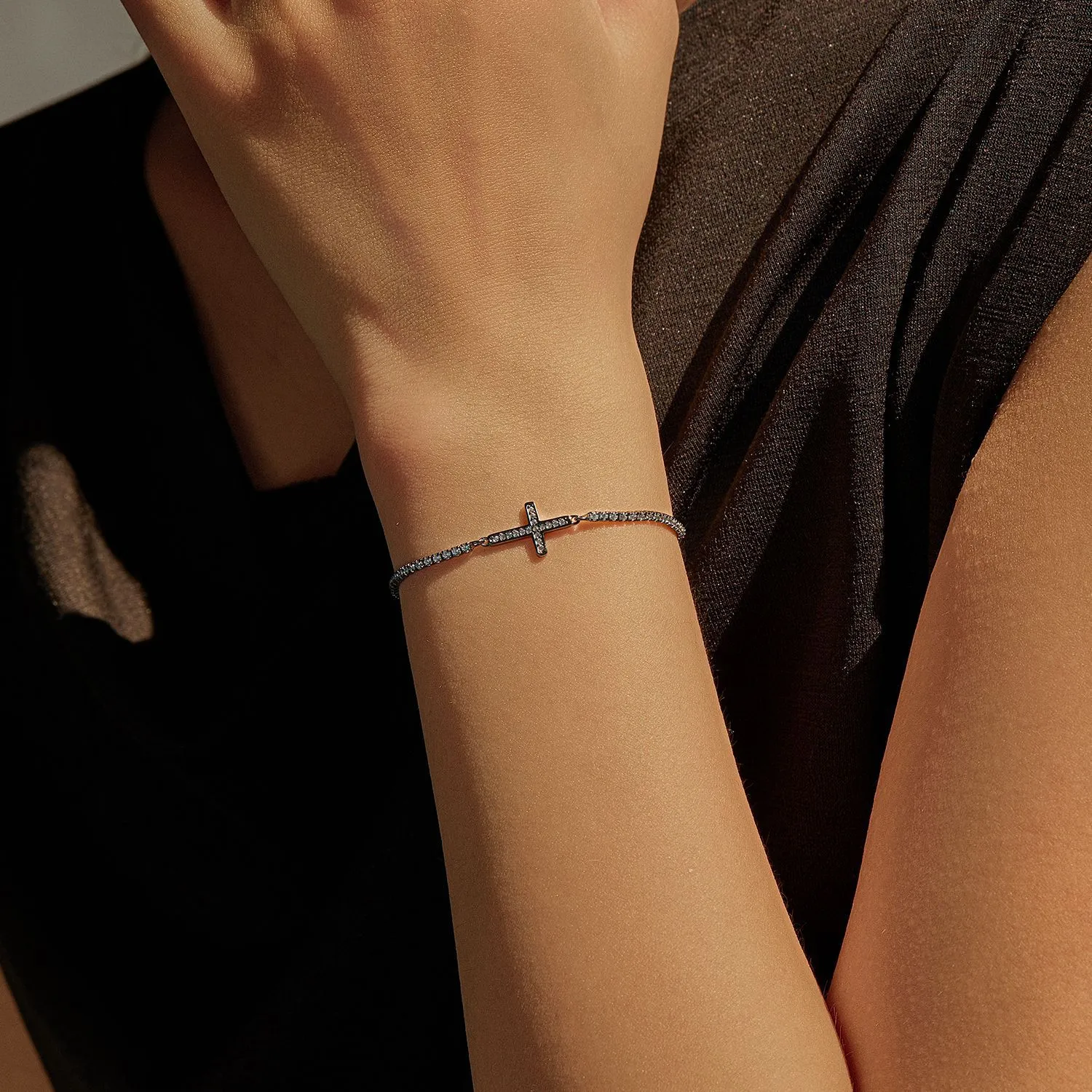 925 Sterling Silver Zircon Cross Adjustable Bracelet 100100230 - image1