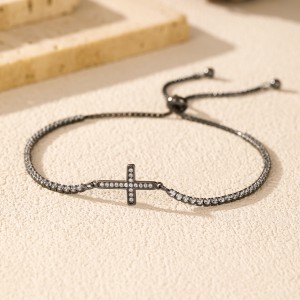 925 Sterling Silver Zircon Cross Adjustable Bracelet 100100230