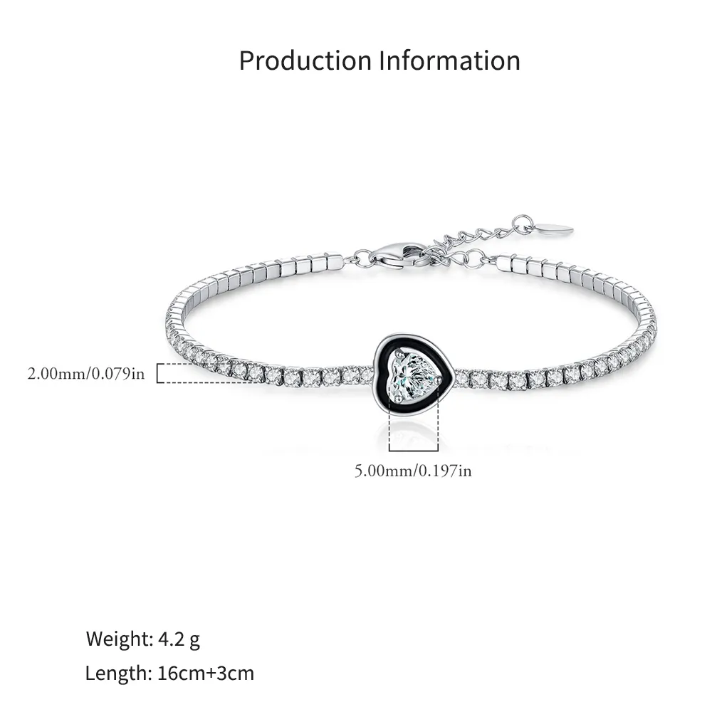 925 Sterling Silver Black Enamel Heart CZ Slider Tennis Bracelet 100100235 - image2