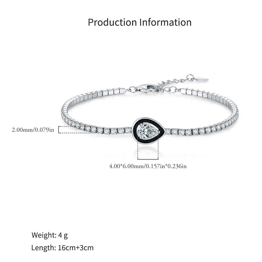 925 Sterling Silver Black Enamel Pear Shape CZ Slider Tennis Bracelet 100100236 - image2