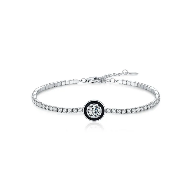 925 Sterling Silver Black Enamel Round CZ Slider Tennis Bracelet 100100238