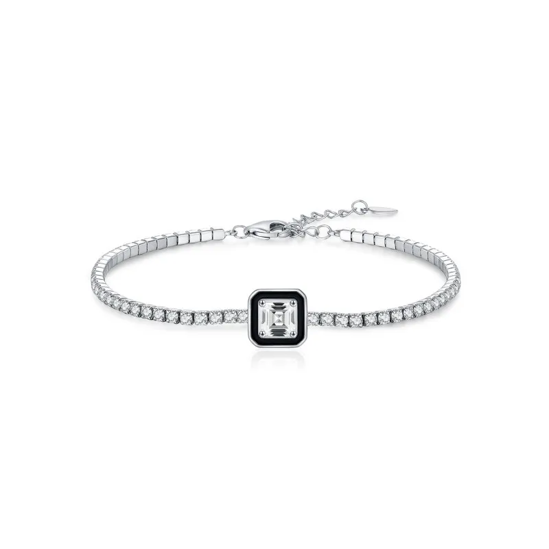 925 Sterling Silver Black Enamel Square CZ Slider Tennis Bracelet 100100239