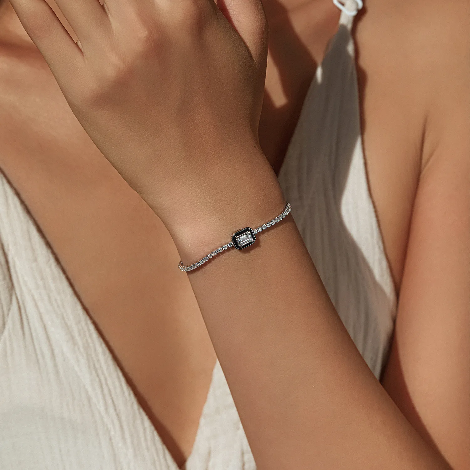 925 Sterling Silver Black Enamel Rectangle CZ Slider Tennis Bracelet 100100240 - image1