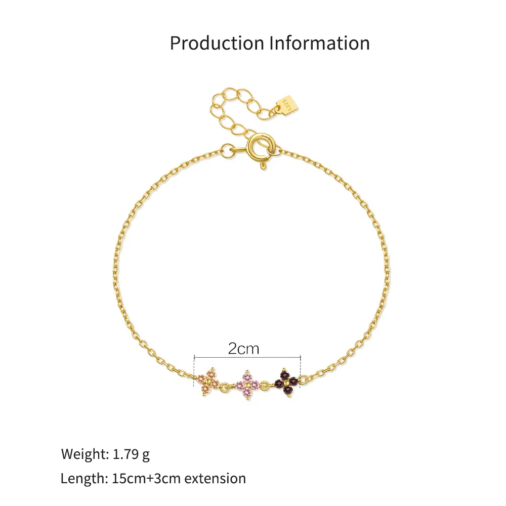 925 Sterling Silver Tri-Color Floral Chain Bracelet 100100248 - image2