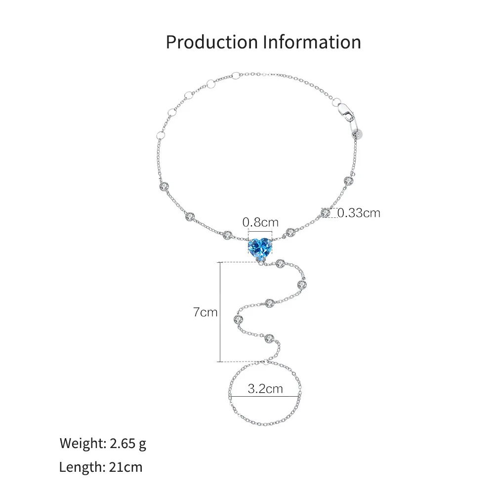 925 Sterling Silver Blue Heart Hand Chain Bracelet 100100250 - image2