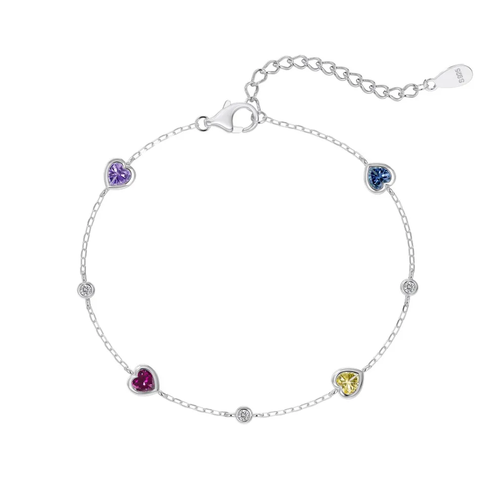 925 Sterling Silver Multi-Color Heart Station Bracelet 100100253