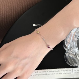 925 Sterling Silver Multi-Color Heart Station Bracelet 100100253