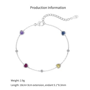 925 Sterling Silver Multi-Color Heart Station Bracelet 100100253