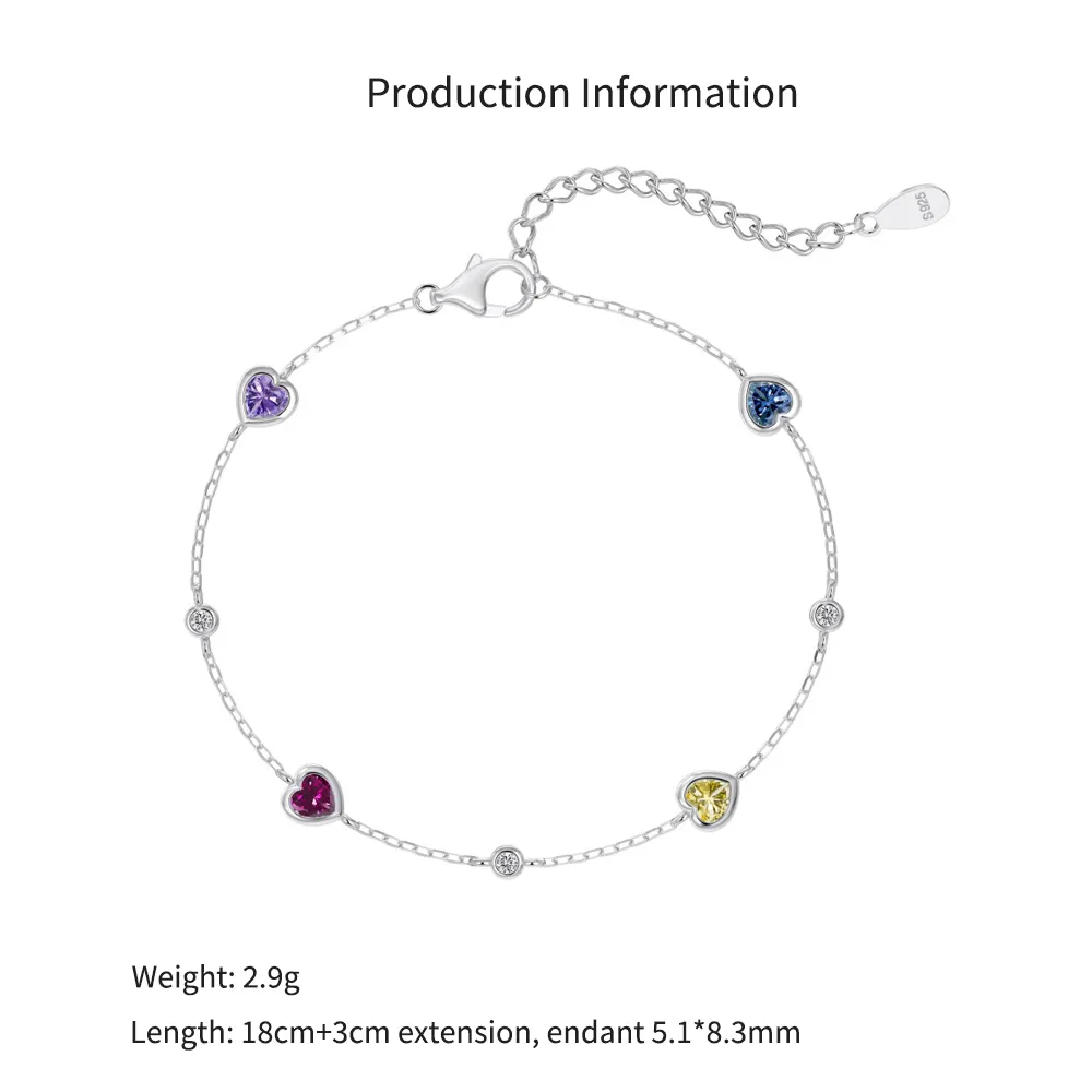925 Sterling Silver Multi-Color Heart Station Bracelet 100100253 - image2