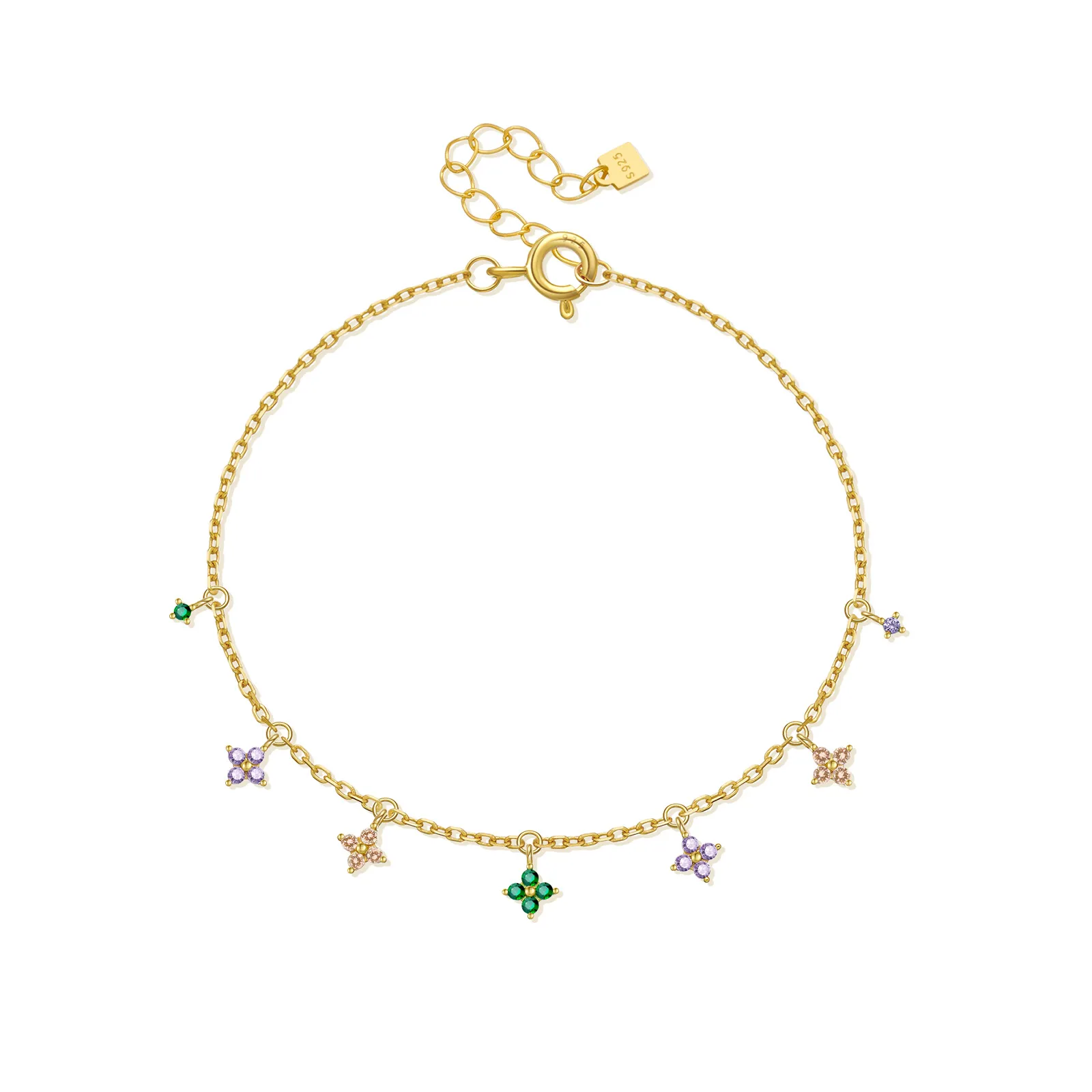 925 Sterling Silver Multi-Color Floral Charm Bracelet 100400004