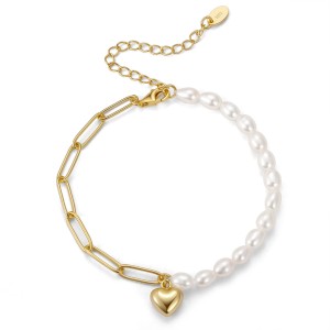 925 Sterling Silver Baroque Pearl Paperclip Heart Bracelet 100500008