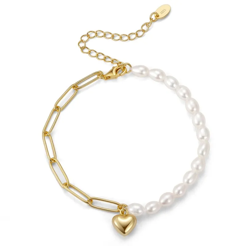 925 Sterling Silver Baroque Pearl Paperclip Heart Bracelet 100500008
