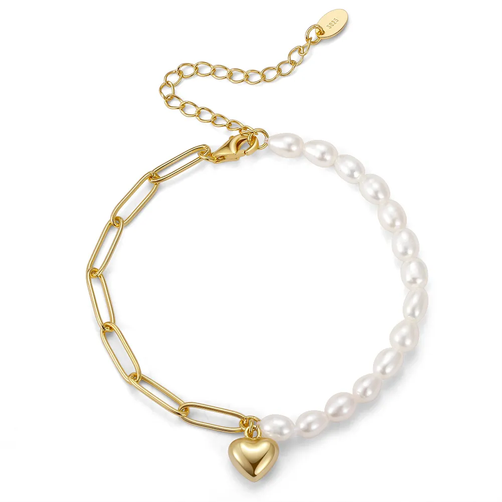 925 Sterling Silver Baroque Pearl Paperclip Heart Bracelet 100500008