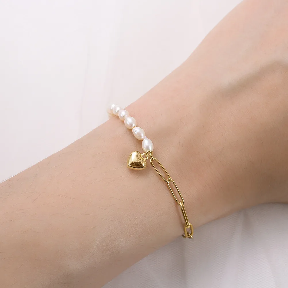 925 Sterling Silver Baroque Pearl Paperclip Heart Bracelet 100500008 - image1