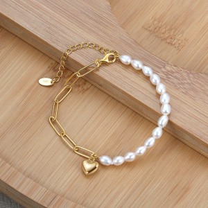 925 Sterling Silver Baroque Pearl Paperclip Heart Bracelet 100500008