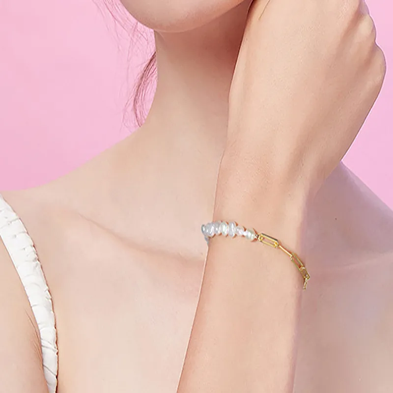 925 Sterling Silver Baroque Pearl Paperclip Bracelet 100500009 - image1