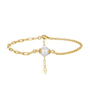 925 Sterling Silver Paperclip Box Chain Pearl Bracelet 100500014