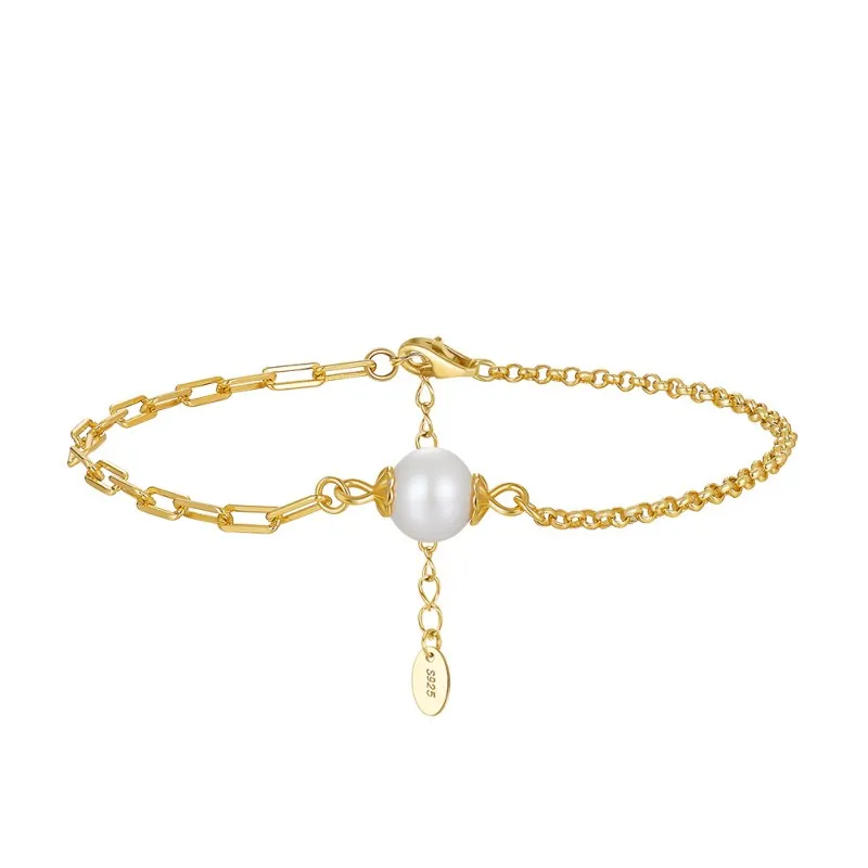 925 Sterling Silver Paperclip Box Chain Pearl Bracelet 100500014
