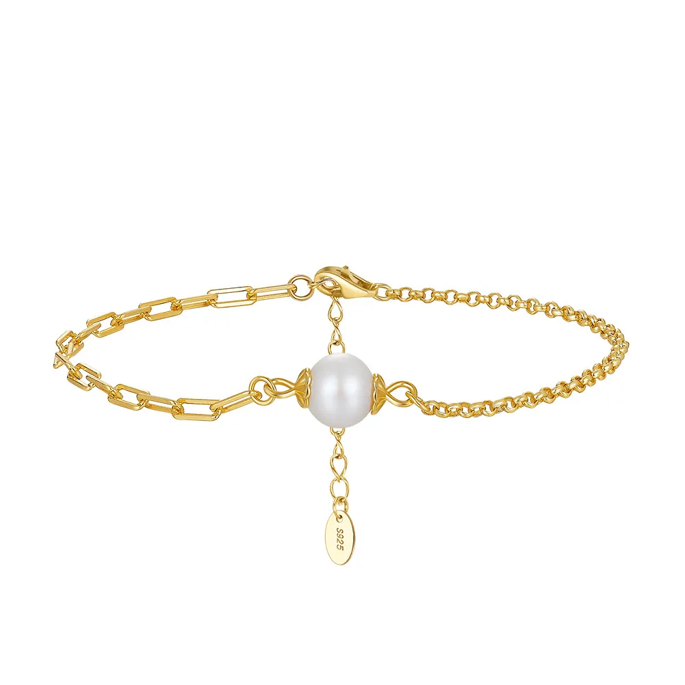 925 Sterling Silver Paperclip Box Chain Pearl Bracelet 100500014