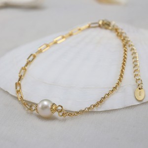 925 Sterling Silver Paperclip Box Chain Pearl Bracelet 100500014