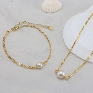 925 Sterling Silver Paperclip Box Chain Pearl Bracelet 100500014