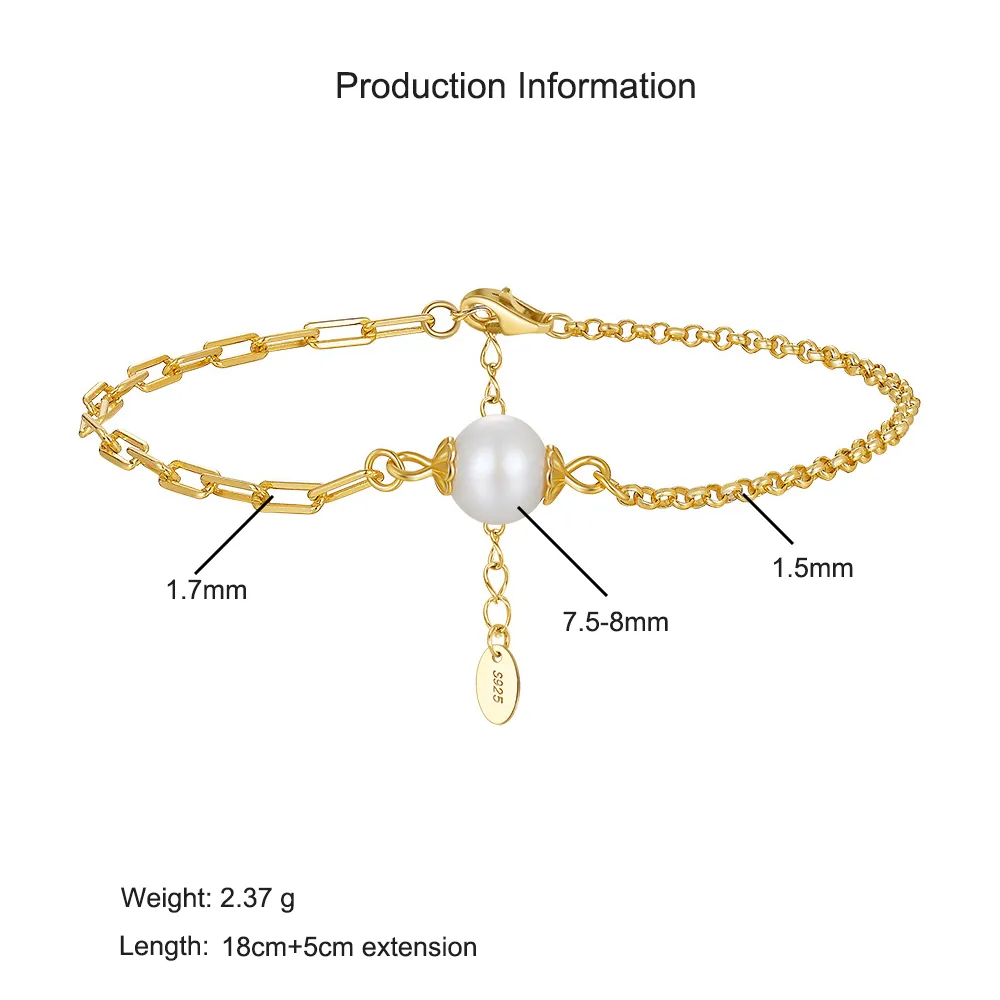 925 Sterling Silver Paperclip Box Chain Pearl Bracelet 100500014 - image2