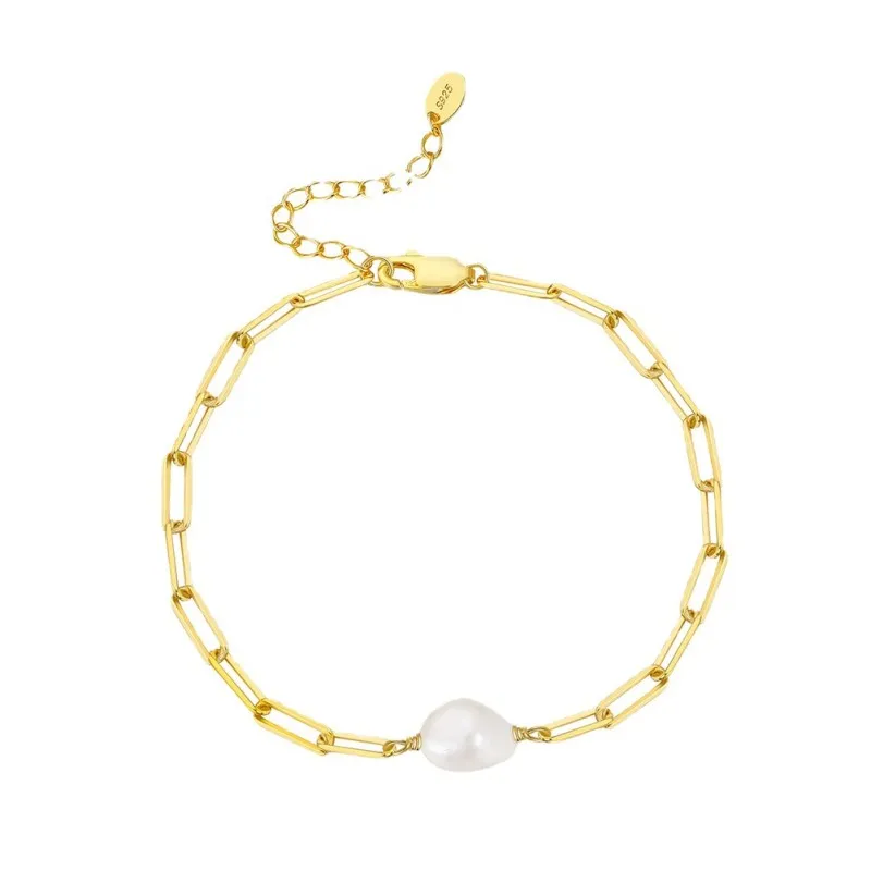 925 Sterling Silver Adjustable Pearl Paperclip Bracelet 100500020