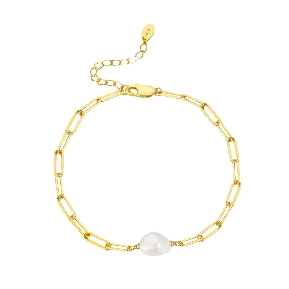 925 Sterling Silver Adjustable Pearl Paperclip Bracelet 100500020