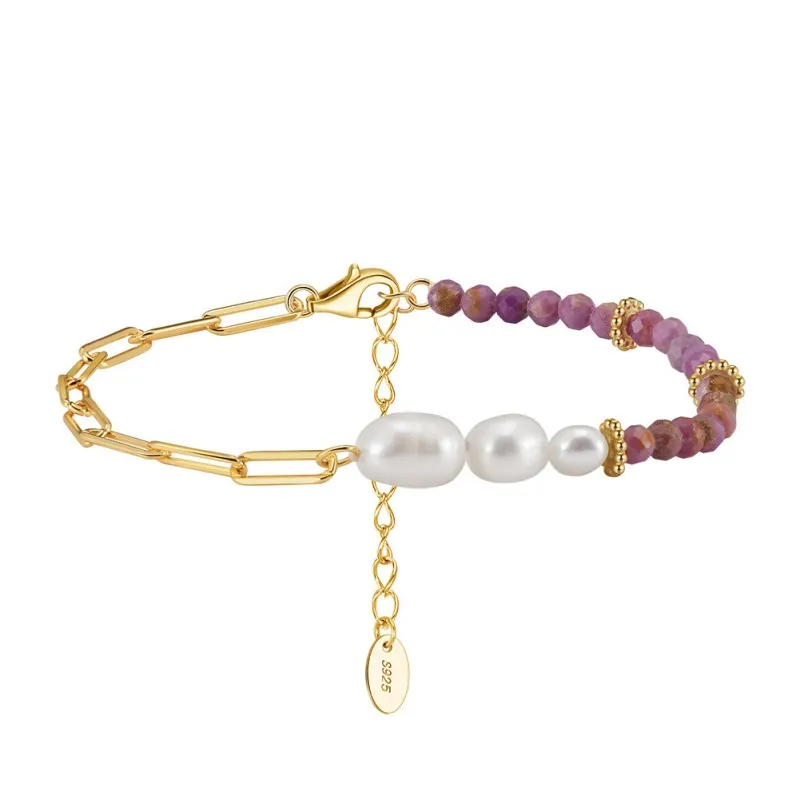 925 Sterling Silver Purple Mica Pearl Paperclip Bracelet 100500021