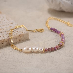 925 Sterling Silver Purple Mica Pearl Paperclip Bracelet 100500021