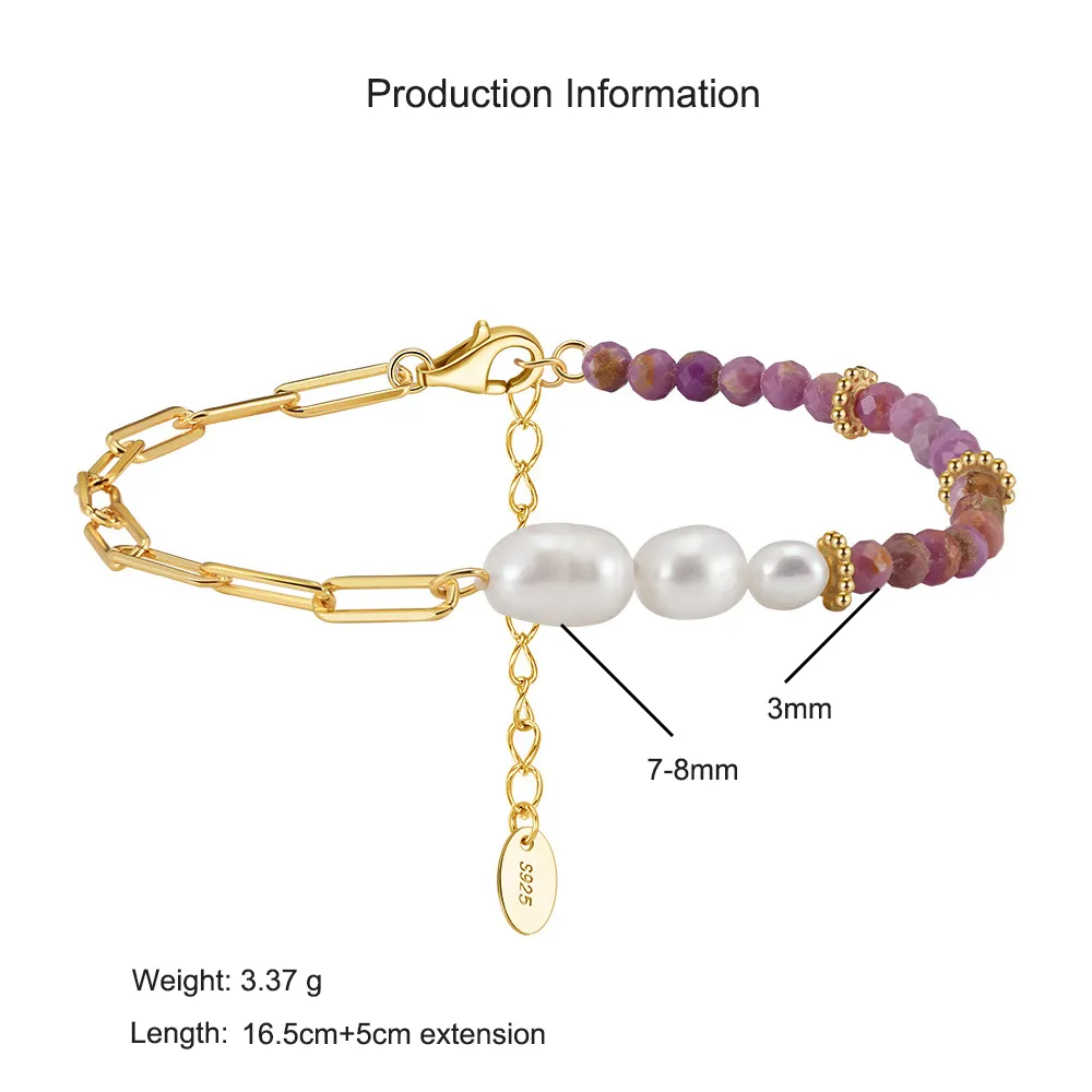 925 Sterling Silver Purple Mica Pearl Paperclip Bracelet 100500021 - image2