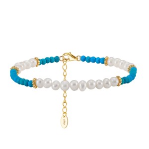 925 Sterling Silver Vintage Turquoise Pearl Bracelet 100500022