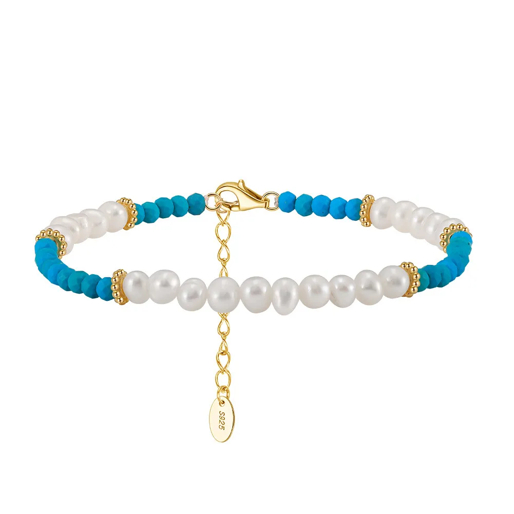 925 Sterling Silver Vintage Turquoise Pearl Bracelet 100500022