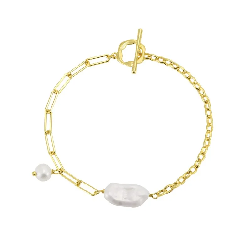 925 Sterling Silver Fresh Water Pearl  Paper Clip Bracelet 100500023