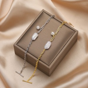 925 Sterling Silver Fresh Water Pearl  Paper Clip Bracelet 100500023