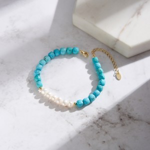 925 Sterling Silver Natural Pearl Turquoise Bead Bracelet  100500027