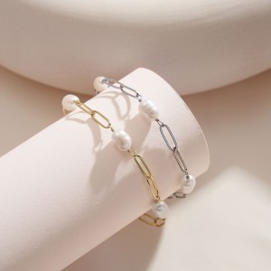 925 Sterling Silver Paperclip Pearl Bracelet 100500028