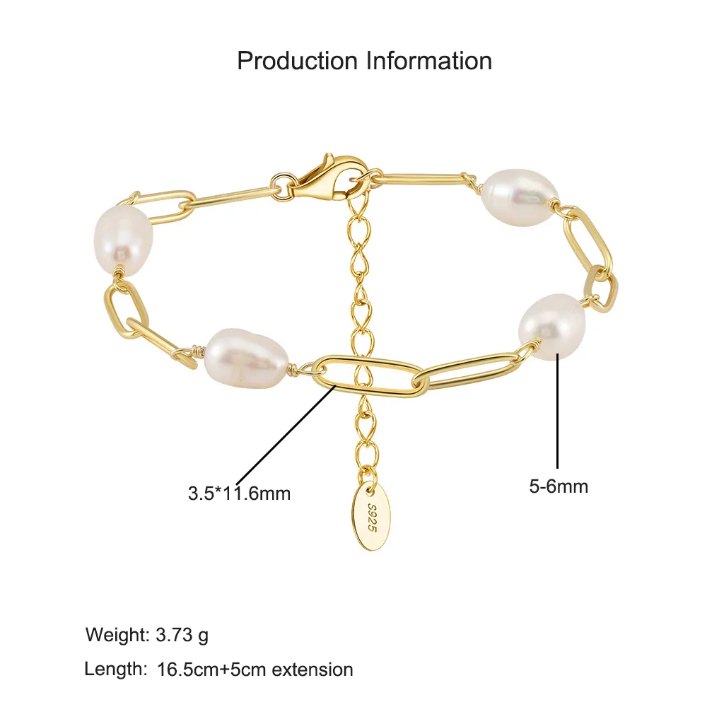 925 Sterling Silver Paperclip Pearl Bracelet 100500028 - image2