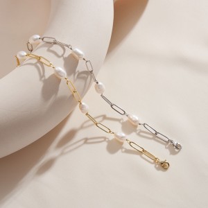 925 Sterling Silver Paperclip Pearl Bracelet 100500028