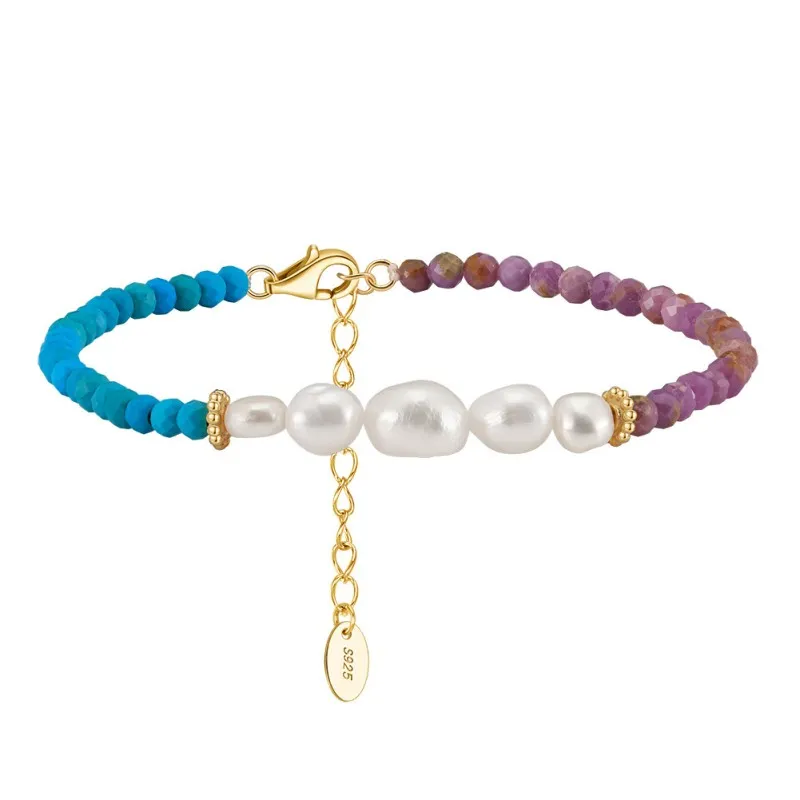 925 Sterling Silver Vintage Turquoise Pearl Chain Bracelet 100500031