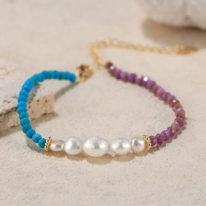 925 Sterling Silver Vintage Turquoise Pearl Chain Bracelet 100500031