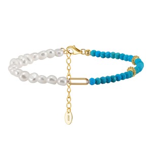 925 Sterling Silver Vintage Turquoise Pearl Chain Bracelet 100500032