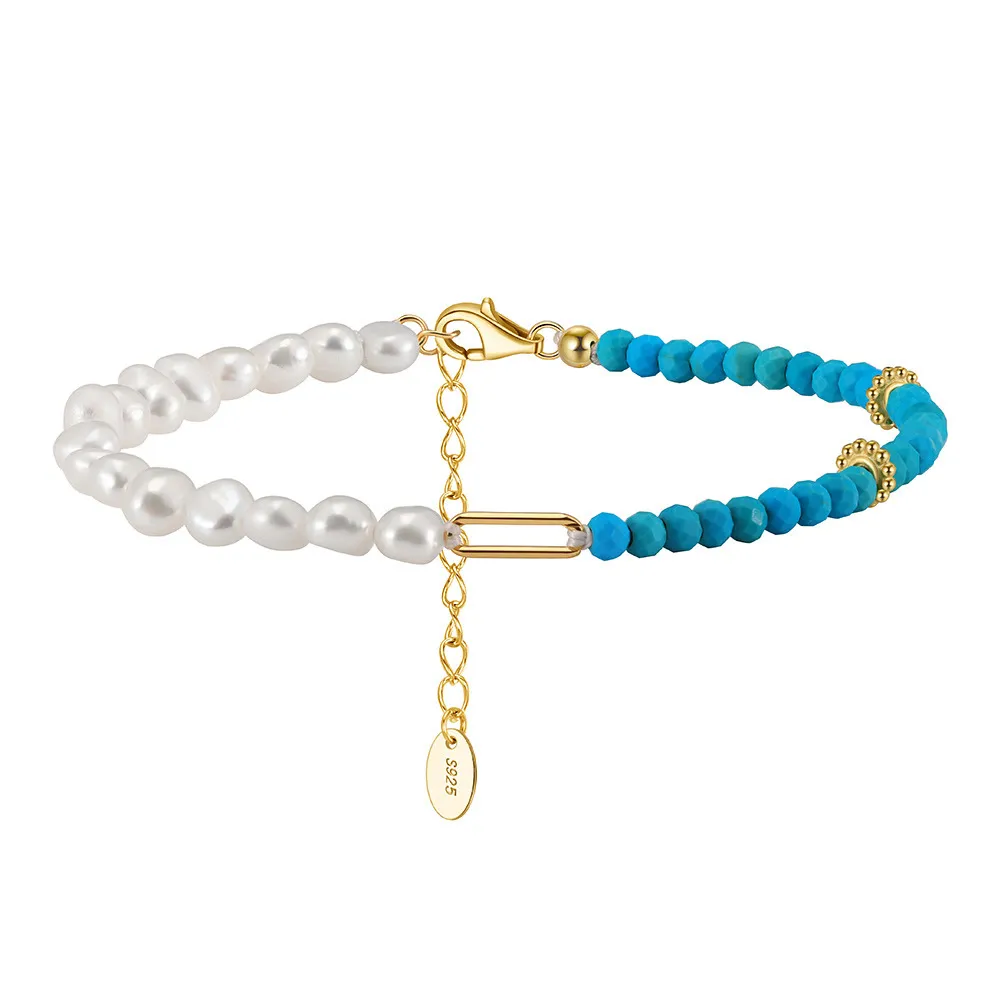 925 Sterling Silver Vintage Turquoise Pearl Chain Bracelet 100500032