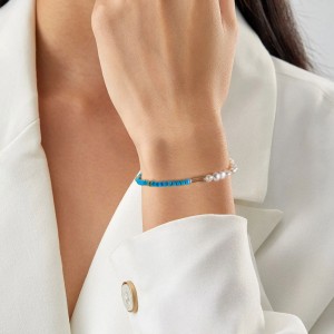 925 Sterling Silver Vintage Turquoise Pearl Chain Bracelet 100500032